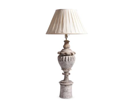 A MARBLE TABLE LAMP20TH CENTURYThe marble lamp 70cm high, 23cm wide, with fittings and pleated silk shade 108cm high, 51cm wi