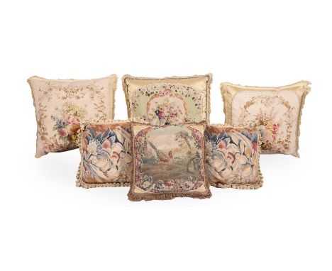 SIX LARGE CUSHIONSINCORPORATING 18TH CENTURY TAPESTRY AND LATER FABRIC The largest approximately 60cm x 60cm 