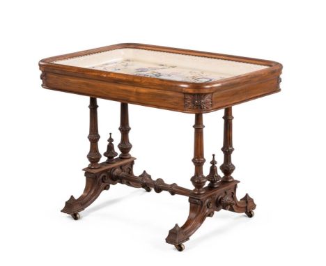 A VICTORIAN WALNUT BASIN OR JARDINIERE STANDLATE 19TH CENTURYThe stand recessed with a 19th century pottery rectangular vesse