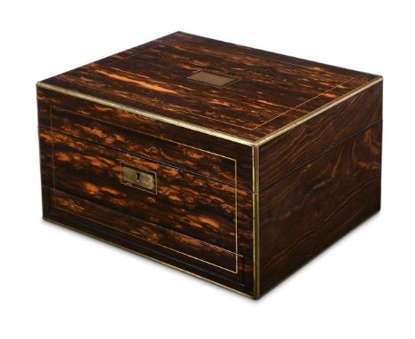 A BRASS STRUNG COROMANDEL DRESSING BOX  CIRCA 1875  Fitted interior within with silver plate mounted glass fitments, lid with
