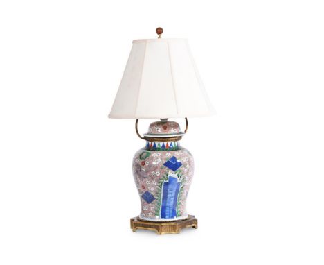 A CHINESE WUCAI STYLE GILT METAL MOUNTED BALUSTER JAR AND COVER MODERNfitted for electricity adapted as a lamp71cm high inclu