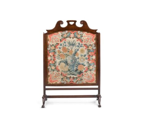 A GEORGE III MAHOGANY FIRE SCREEN THIRD QUARTER 18TH CENTURYWith rectangular lifting gros and petit point needlework panel de