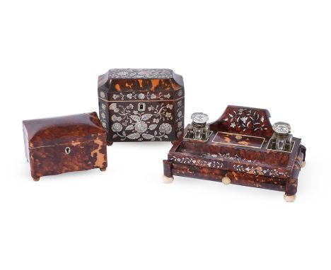 Y A TORTOISESHELL, MOTHER OF PEARL AND IVORY INKSTANDMID 19TH CENTURY with two glass wells, 24cm wide TOGETHER WITH A TORTOIS