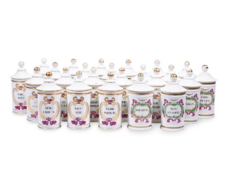 A SET OF TWENTY FRENCH PORCELAIN CHEMIST JARS AND COVERSSECOND HALF 19TH CENTURY Titled in black, within gilt foliate cartouc