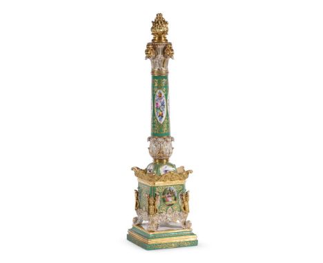 A PARIS PORCELAIN (JACOB PETIT) GREEN AND GILT COLUMNAR LAMP BASE AND FLAMMIFORM COVER THIRD QUARTER 19TH CENTURY   Decorated