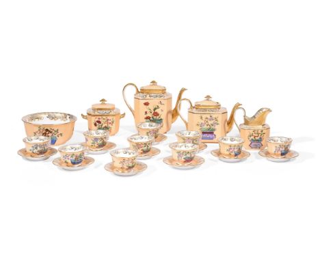 A FRENCH PORCELAIN CAFÉ AU LAIT GROUND PART TEA SERVICE MID 19TH CENTURYDecorated with chinoiserie panels within elaborate gi