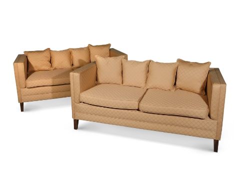 A PAIR OF BEECH AND UPHOLSTERED SOFASIN GEORGE III STYLE, 20TH CENTURY  each 80cm high, 179cm wide, 79cm deep Condition Repor