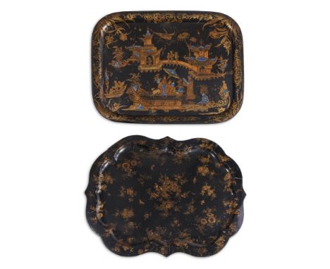 Y TWO VICTORIAN TOLEWARE TRAYSSECOND QUARTER 19TH CENTURYThe rectangular tray with gilt and mother of pearl 58.5cm x 73.5cm; 