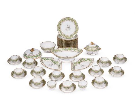 A COALPORT ARMORIAL PART TEA SERVICE CIRCA 1810decorated in green and gilt with oak leaf bands and with a unicorn crest and i