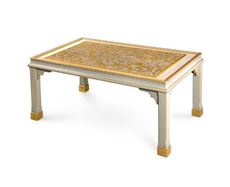 A PAINTED AND PARCEL GILT LOW TABLE 20TH CENTURY, THE TAPESTRY 19TH CENTURY With inset tapestry panel beneath a glass top 54c