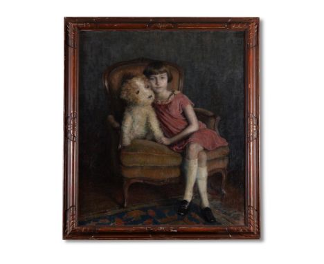 RENE MARIE JOLY DE BEYNAC (FRENCH 1876-1978)PORTRAIT OF A GIRL WITH A TOY DOGOil on canvasSigned and dated `1926' (lower left