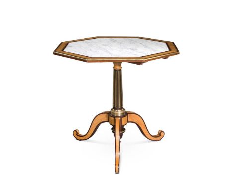 A SYCAMORE, MAHOGANY AND BRASS MOUNTED OCTAGONAL TRIPOD TABLECIRCA 1810, FRENCH OR ENGLISHWith Carrera marble inset top70cm h