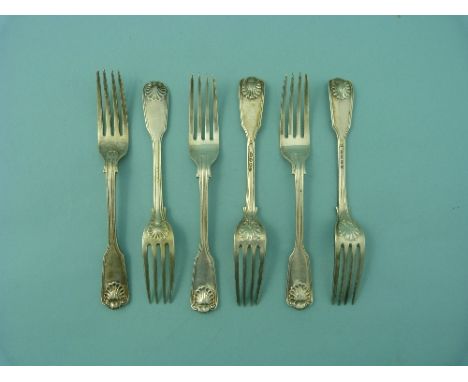 A set of five Victorian silver fiddle thread and shell pattern forks, by Holland,Son & Slater, hallmarked London, 1886, 7in (