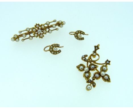 A Bar Brooch,set with seed pearl flowerhead and finials, a 15ct yellow gold pendant set seed pearls, a pair of small horsesho