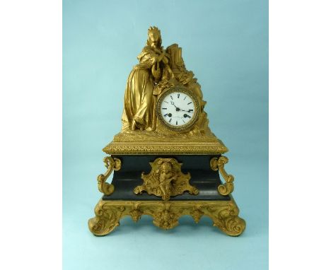 A late 19thC French gilt metal and black slate figural Mantel Clock, the circular dial signed 'Boursier Jne Elve de Lepaute a