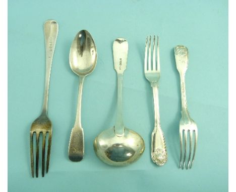 A Victorian Scottish silver Ladle, hallmarked Edinburgh, 1854, and a Scottish silver spoon and fork, together with a pair of 