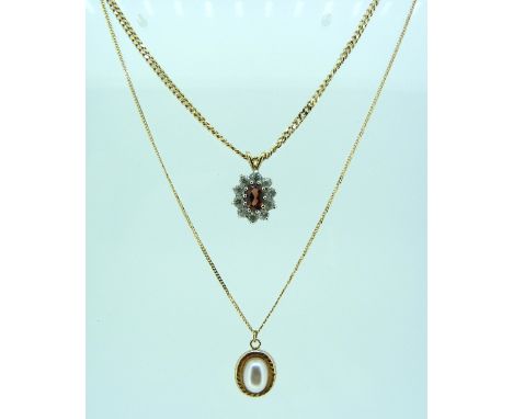 A oval white and brown paste cluster pendant, on a yellow gold chain marked 375, together with a small pearl and gold pendant