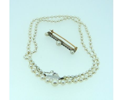 A graduated pearl Necklace, with white metal box clasp, untested, together with a bar brooch set with three baroque pearls, a