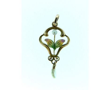 A small 9ct rose gold Pendant, of openwork set with a seed pearl and translucent enamel, with seed pearl drop, 1¼in (3.4cm) l