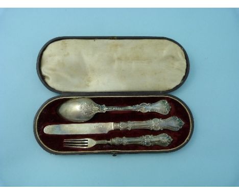 A cased near matched Victorian silver Knife, Fork and Spoon Set, the knife and fork hallmarked Sheffield, 1841, the spoon hal