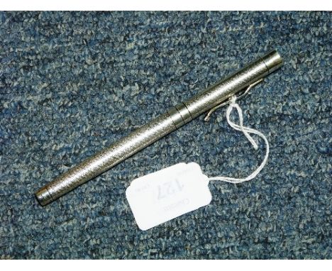 A silver 'Yard-o-led' Fountain Pen, hallmarked London 1987, with engine turned decoration and 14ct yellow gold nib.