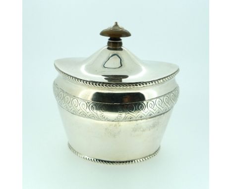 A George V silver Tea Caddy, by Mappin & Webb, hallmarked London, 1911, of oval form with beaded borders and engraved with a 