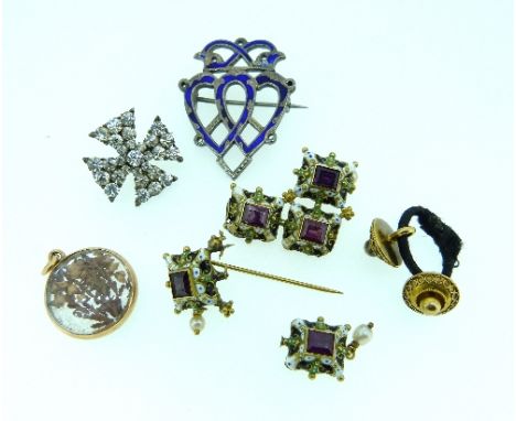 A silver and blue enamel double heart 'witches' Brooch, together with a small paste Maltese Cross, a damaged late 17thC brooc