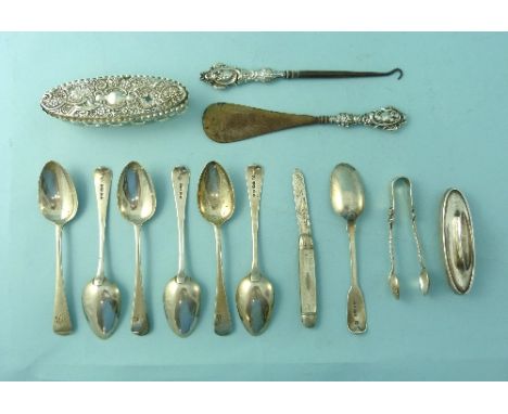 A silver and mother of pearl folding Fruit Knife, hallmarked Sheffield, 1924,and a set of six Victorian silver teaspoons, tog