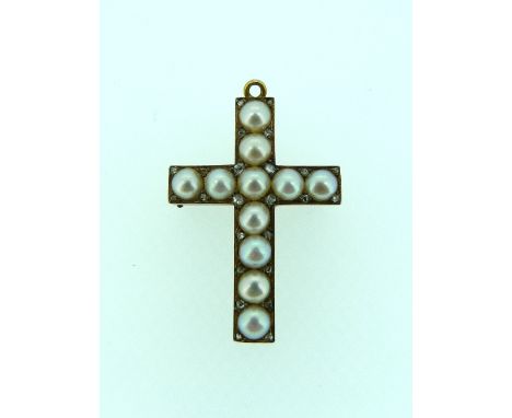 A diamond and pearl set Cross, the eleven cultured pearls each set with a small diamond at each corner, mounted in yellow met
