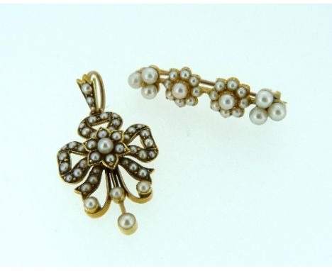 A small seed pearl Pendant, of tied bow and drop form in yellow metal, together with a small seed pearl brooch (2)