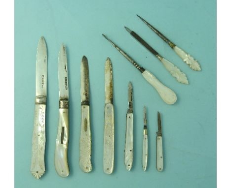 A Victorian silver and mother of pearl folding Fruit Knife, by George Unite, hallmarked Birmingham, 1851, with foliate engrav