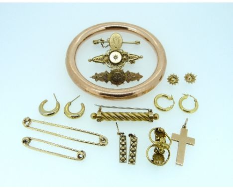 A collection of gold and yellow metal Jewellery, including a 9ct rose gold hollow slave bangle, brooches, tie pin, earrings, 