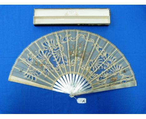 A 19thC painted lace silk Fan, the silk leaf with lace cartouches decorated with birds, butterflies and floral  decoration, u