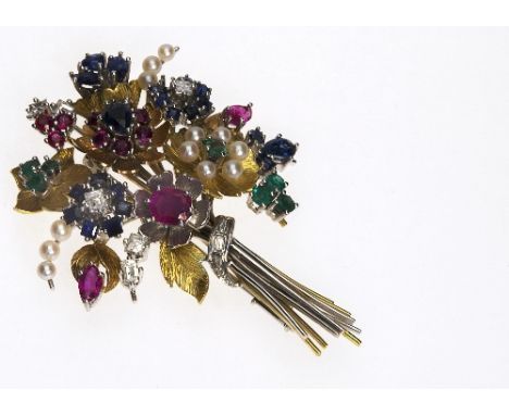 A diamond and multi gem set floral spray Brooch, set with mixed cut ruby sapphire and emerald flowerheads amongst cultured pe