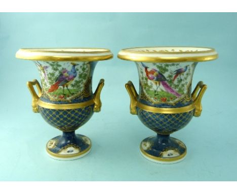 A pair of French Samson porcelain Vases, of urn form, decorated in the Worcester style, the blue scale ground decorated in co