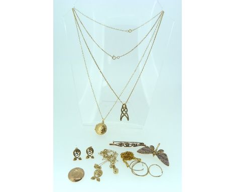A 9ct yellow gold Pendant and matching Earrings, on fine trace chain, together with another Celtic design pendant and trace c