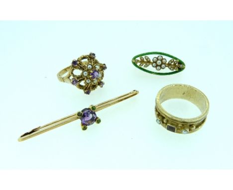 A small Bar Brooch, set circular facetted amethyst, with four demontoid garnets, together with a small oval brooch, green ena