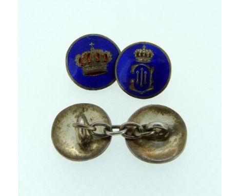 A pair of silver and enamel Cufflinks,  with dark blue enamel ground with a crown and a crowned cipher. Note: By family reput