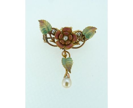 A rose gold and translucent enamel Brooch, formed of open loops, the centre with pink rose with seed pearl centre and two lea