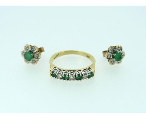 A pair emerald and diamond seven stone Ring, in yellow gold, marked 750, Size M, together with a small pair of emerald and di