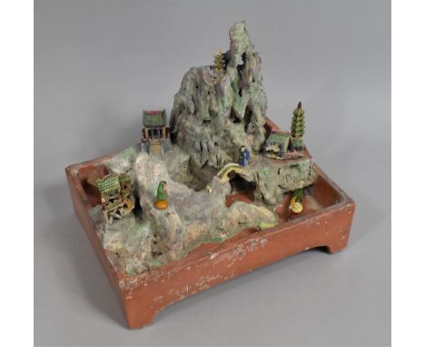 A Vintage Clay Model of Chinese Mountain, River and Villiage In Rectangular Planter, with Sancai Glazed Figures and Buildings
