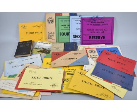 A Collection of Vintage Livestock Prize Cards for County Shows, 1960-70's Together with Farmers Handbook and Diaries 