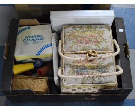 A Collection of Various Sewing Items to comprise Cantilevered Tapestry Sewing Box and Contents, Threads Etc 
