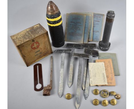 A Collection of Militaria to Include Shell, Torch, Infantry Training Manuals, Stick Bayonet, Military Buttons, Grenadier Guar