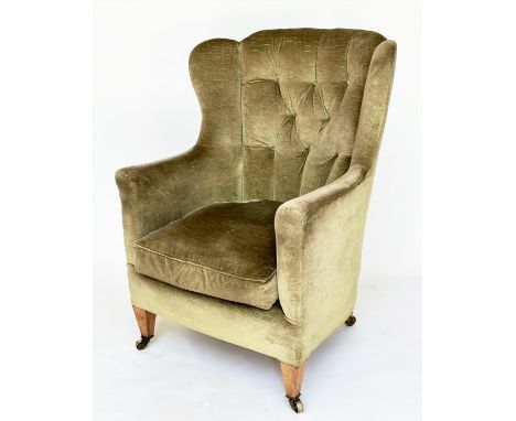 WING ARMCHAIR, Edwardian moss green velvet upholstered with button back and square tapering supports, 72cm W.