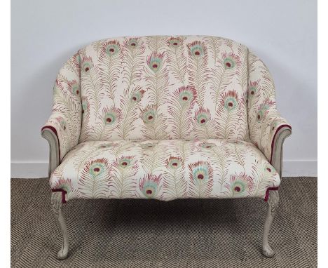 SOFA, grey painted with peacock feather patterned material and magenta velvet, 101cm H x 127cm.