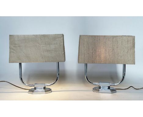 TABLE LAMPS, a pair, 1970s chrome, each with two branch candelabra and rectangular linen shade, 43cm H. (2)