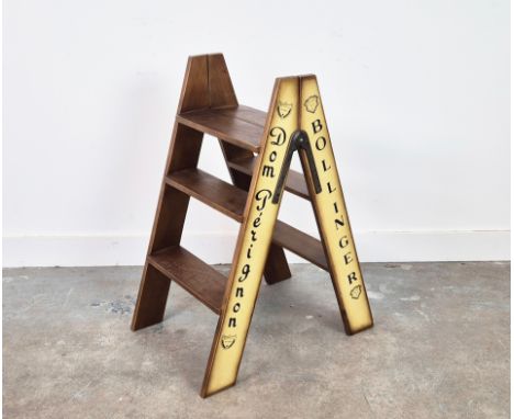 STEP LADDER, folding with various champagne house names down sides, yellow detail, 63.5cm x 44cm x 80.5cm.