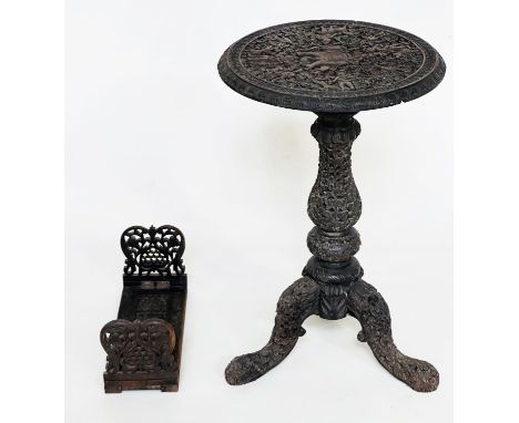 BURMESE TABLE, 19th century Burmese intricately carved and pierced with tripod support and a similar adjustable book stand, t