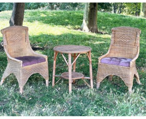 CONSERVATORY GARDEN TERRACE CHAIRS, a pair, rattan and close woven with roll tops and button upholstered velvet cushion seats